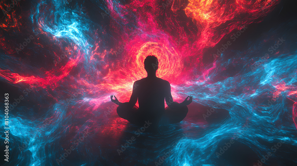 Mystical energy meditation. person sitting in vibrant neon aura with sacred light and energy patterns. Otherworldly. Illustration Mystical energy meditation. person sitting in vibrant neon aura with sacred light and energy patterns. Otherworldly. Illustration