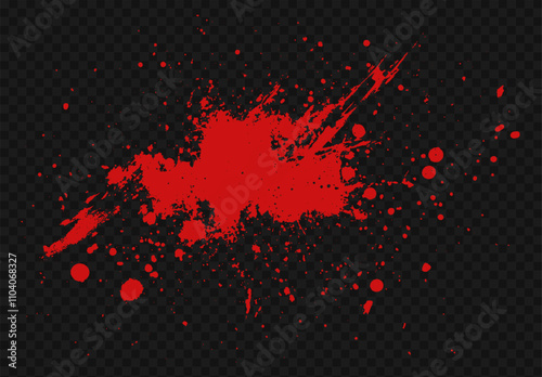 Vector blood splatter texture with red ink drops and splashes on a transparent background. Grunge pattern featuring realistic drips, stains, and spatter for a horror or Halloween design.