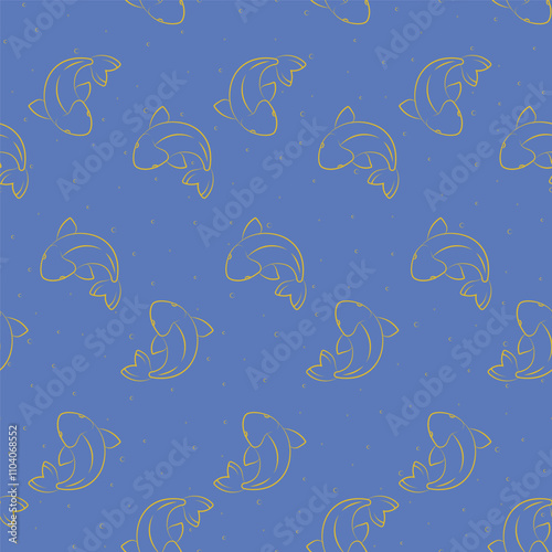 Marine life fish animal blue seamless pattern. Chinese koi fish underwater life