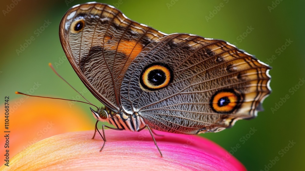 Naklejka premium Close-up of a vibrant butterfly perched on a colorful flower petal, showcasing intricate wing patterns and rich colors in a natural setting.