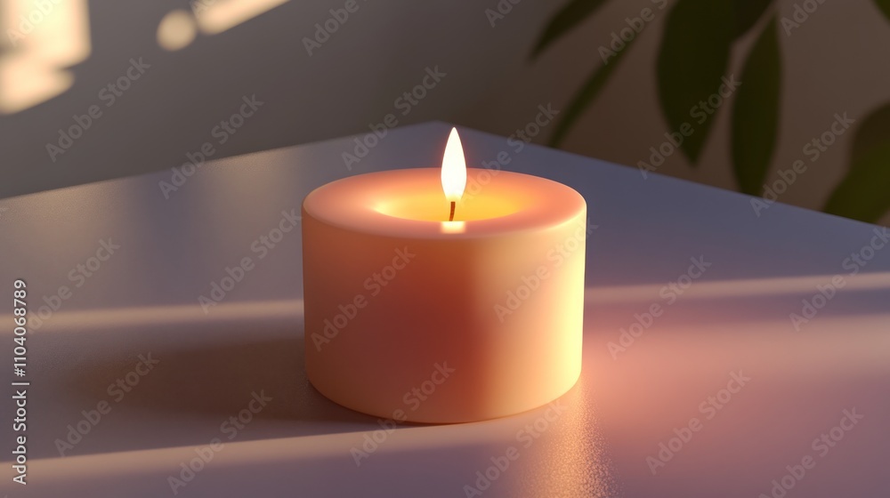 A single lit candle on a table, illuminated by sunlight. A single lit candle on a table, illuminated by sunlight.