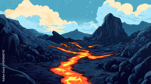 Otherworldly volcanic landscape of black rock mount valley ground with lava stream glowing on ground. Otherworldly. Illustration photo