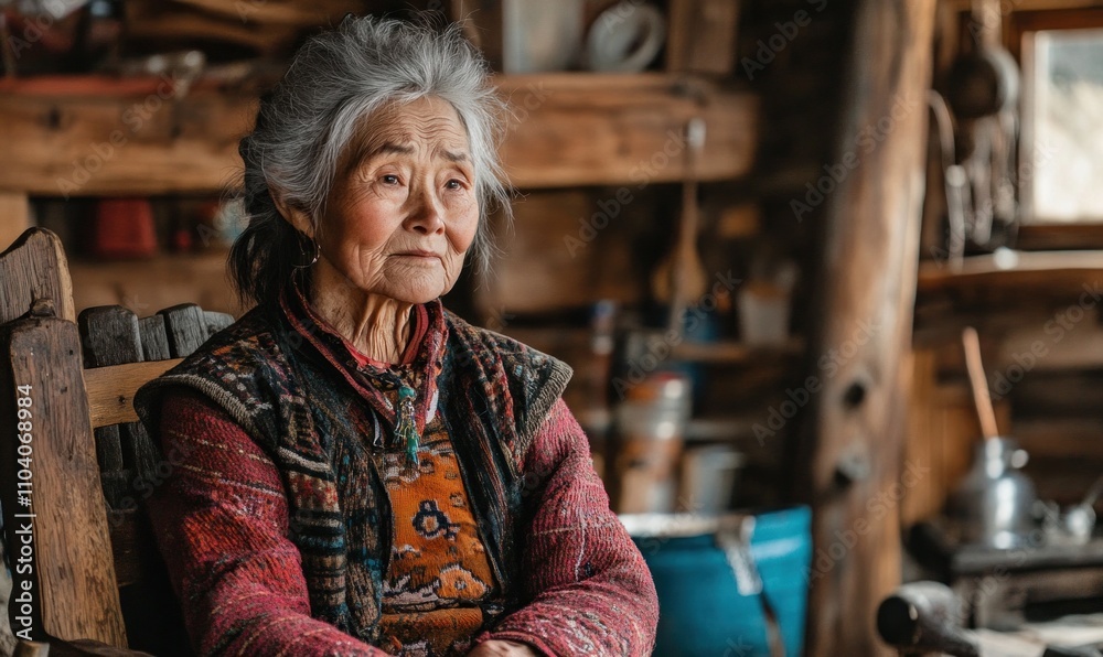 Elderly woman in rustic cabin setting Elderly woman in rustic cabin setting
