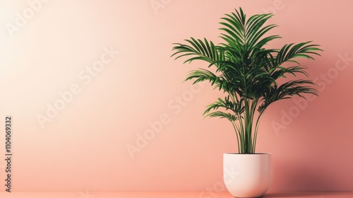 Lush Indoor Plant Against Soft Pink Wall in Minimalist Setting