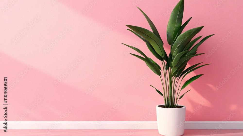 Modern Indoor Plant in White Pot Against Pink Wall Background
