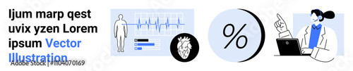 Data charts, heart rate graphics, percentage symbol, and doctor working on laptop with pointing gesture. Ideal for healthcare, telemedicine, medical research, data analysis, statistics, education