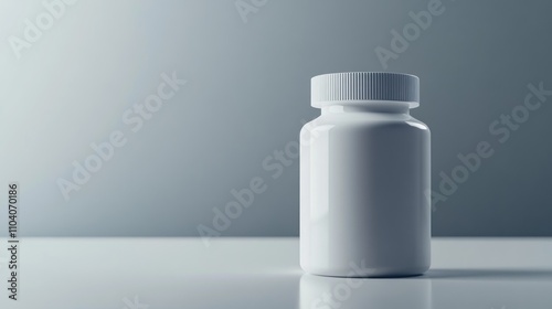 A single, blank, white plastic pill bottle on a reflective surface against a gray background.