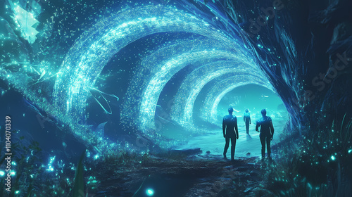 Underground eco-lab, with advanced technology and glowing bioluminescent plants creating an otherworldly environment. glowing bioluminescence. illustration. Otherworldly. Illustration photo