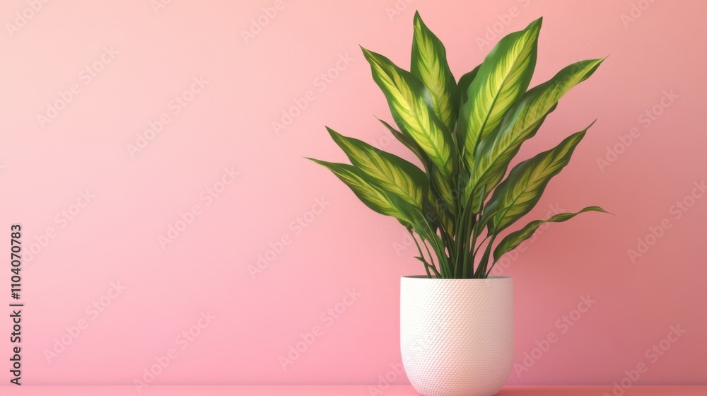 Stylish Indoor Plant with Green Leaves in White Pot Against Pink Wall Stylish Indoor Plant with Green Leaves in White Pot Against Pink Wall