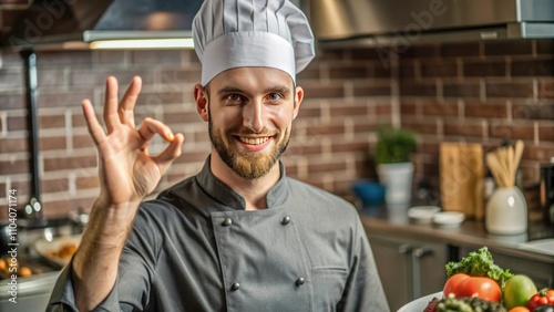 Happy male chef in modern kitchen expressing approval while holding fresh vegetables and showcasing culinary expertise with charming smile and engaging demeanor photo