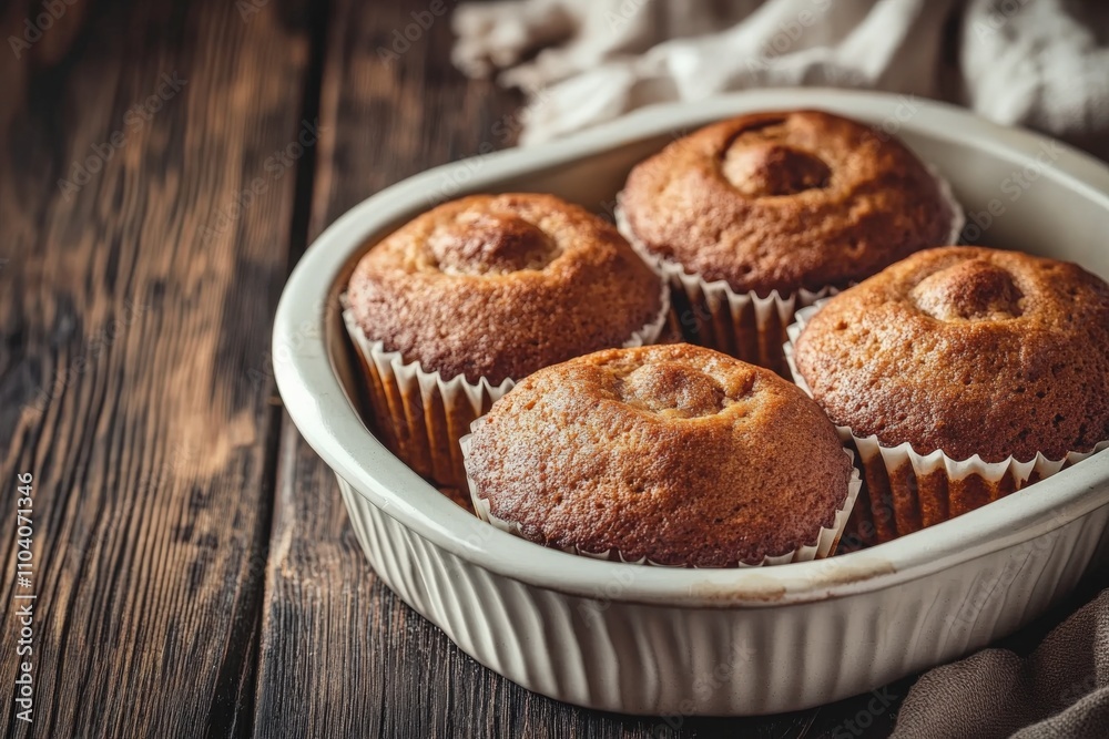Apple Muffins: Sweet Dessert Served on Wooden Plate, Close-up with Cinnamon and Napkin