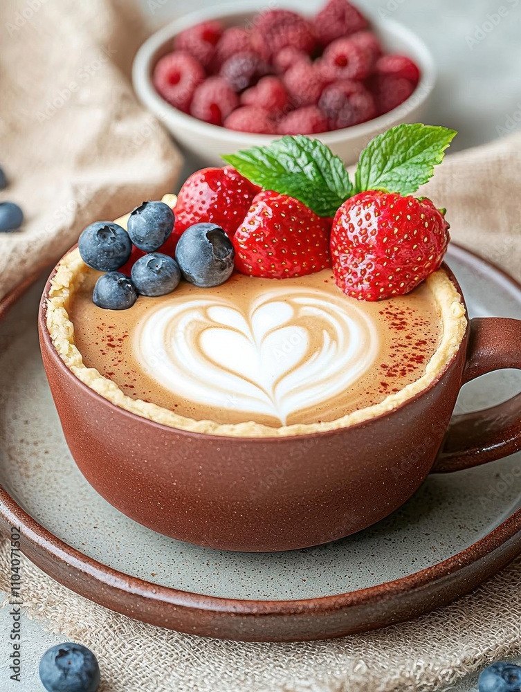 Latte art in a rustic clay mug, artisan tart with fresh fruit on a handmade plate, soft, inviting light Latte art in a rustic clay mug, artisan tart with fresh fruit on a handmade plate, soft, inviting light