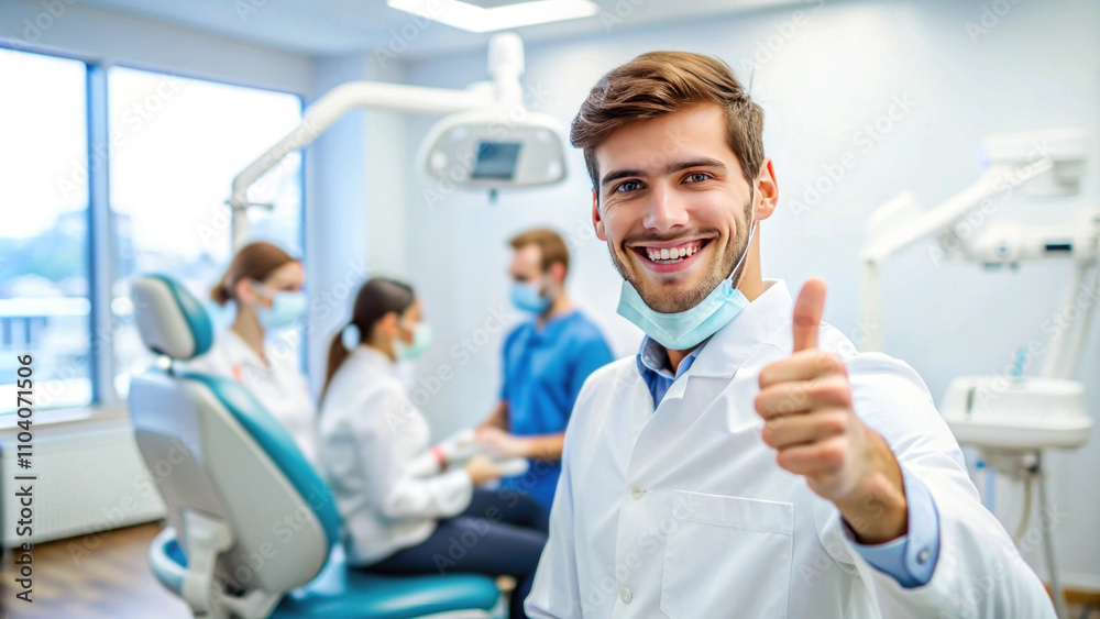Obraz premium Friendly Dentist with Thumbs Up Gesture in Modern Dental Clinic with Patients in Background, Showcasing Professionalism and Dental Care Services