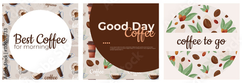 Modern Coffee Social Media Post Design. Vector Illustration of Patterns with Glass and Coffee Plant. Colorful Post Design