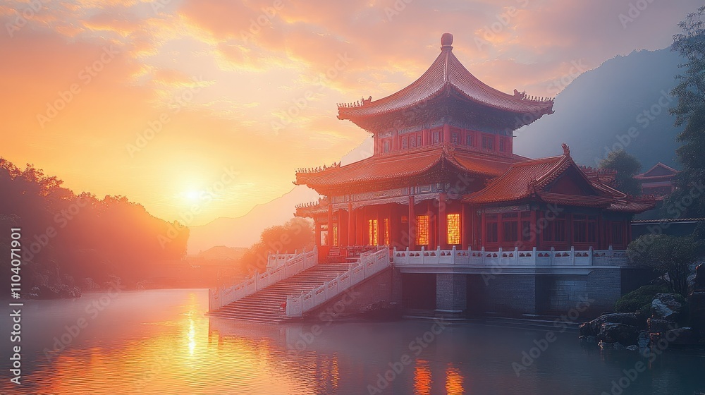 Serene sunrise over a traditional Asian pavilion by the water, reflecting tranquility and beauty. Serene sunrise over a traditional Asian pavilion by the water, reflecting tranquility and beauty.