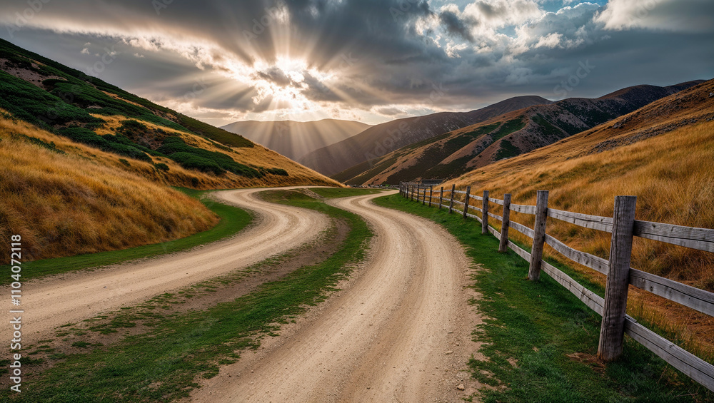 Serene country road curves gracefully under dramatic evening sky. Serene country road curves gracefully under dramatic evening sky.