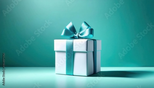 Elegant Christmas Gift Box with Turquoise Bow on Vibrant Teal Background. Inspiring Ideas for Festive Decorations, Luxury Wrapping, and Memorable Seasonal Gifts for the Holidays