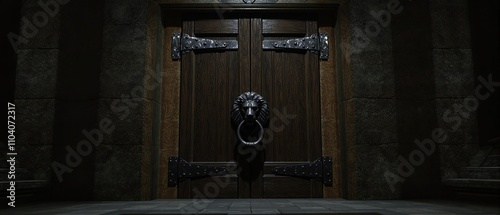 Wooden door with heavy iron hinges and a dark wooden knocker in an old mansion, wooden door, old mansion, vintage interior, stately exterior