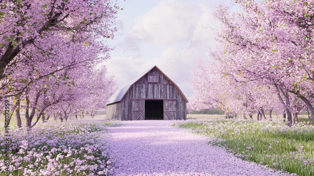 Serene Spring Scene: Photorealistic Barn Among Cherry Blossoms with Petals Blanketing the Ground | Ultra-Detailed Natural Landscape Serene Spring Scene: Photorealistic Barn Among Cherry Blossoms with Petals Blanketing the Ground | Ultra-Detailed Natural Landscape