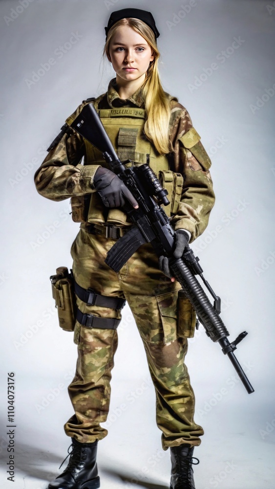 Obraz premium Young Female Soldier in Camouflage Combat Uniform Holding Assault Rifle in Studio Environment with Soft Lighting for Military or Defense Concepts