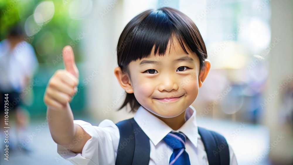 Smiling schoolboy giving a thumbs up gesture in a classroom with blurred background, expressing joy and enthusiasm for learning and education Smiling schoolboy giving a thumbs up gesture in a classroom with blurred background, expressing joy and enthusiasm for learning and education