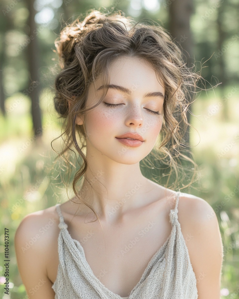 woman stands tranquil woodland dressed soft pastel garments resembling gentle fawn. Her makeup and hair enhance her ethereal beauty illuminated dappled sunlight. woman stands tranquil woodland dressed soft pastel garments resembling gentle fawn. Her makeup and hair enhance her ethereal beauty illuminated dappled sunlight.