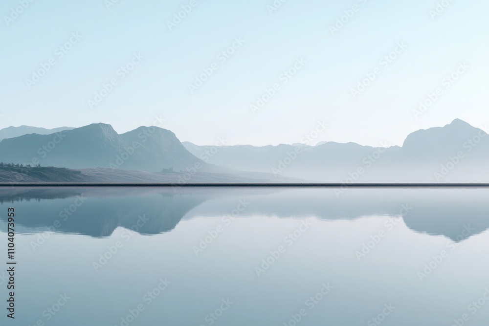 Fototapeta premium Serene landscape with mountains reflected in calm water under a soft blue sky.