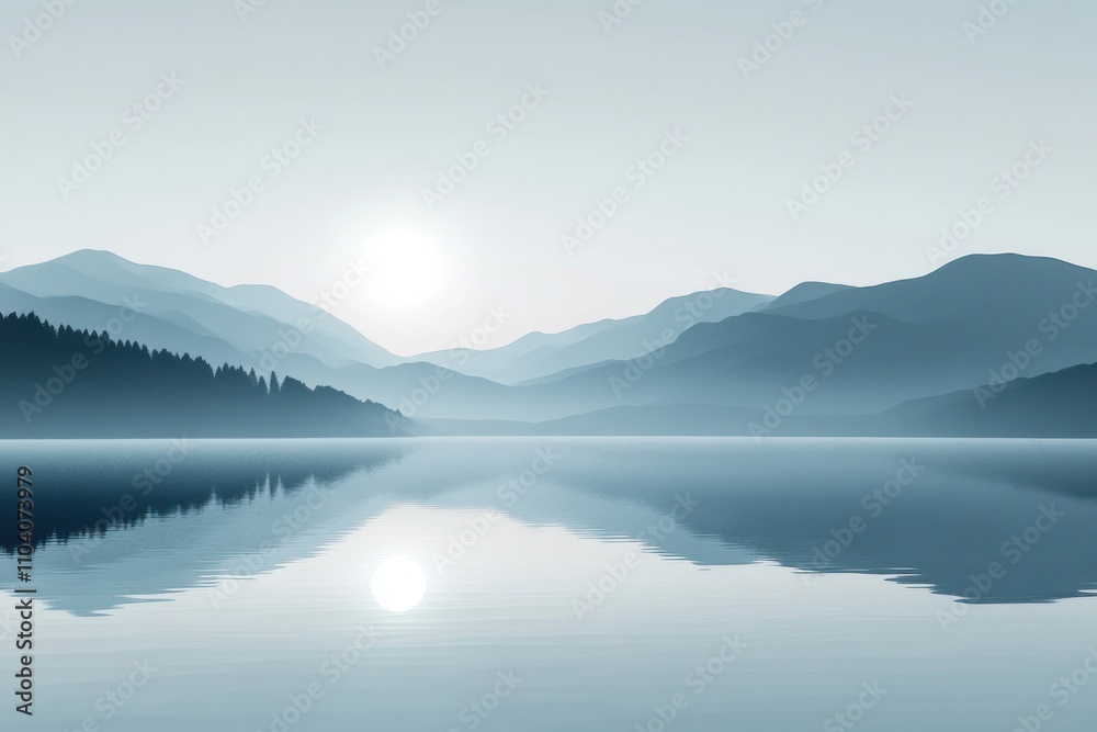 Serene sunrise over a tranquil lake reflecting subtle mountain silhouettes in pastel hues. Serene sunrise over a tranquil lake reflecting subtle mountain silhouettes in pastel hues.