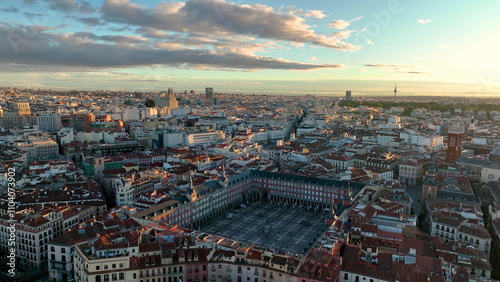 Aerial view of historical downtown of Madrid city in Spain. plaza mayor