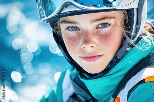 Portrait of skier with helmet and bright blue eyes photo