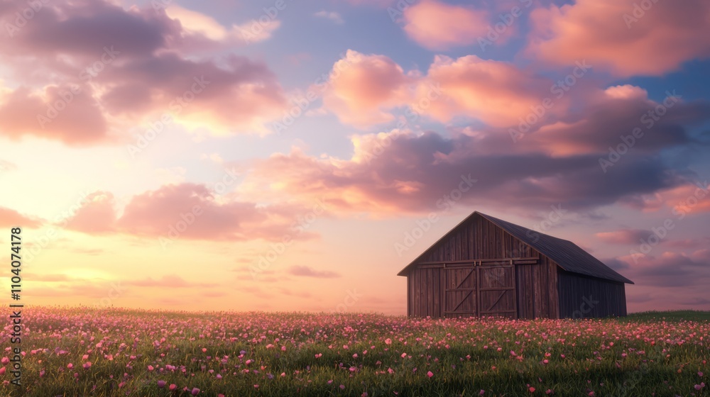 Majestic Classic Barn Surrounded by Blooming Poppies Under Dramatic Sunset Sky - Ultra-Detailed Rural Landscape Photography Majestic Classic Barn Surrounded by Blooming Poppies Under Dramatic Sunset Sky - Ultra-Detailed Rural Landscape Photography