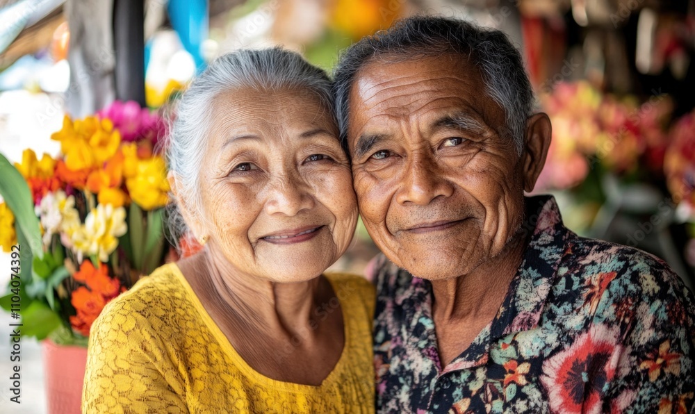 Elderly couple smiling among colorful flowers Elderly couple smiling among colorful flowers