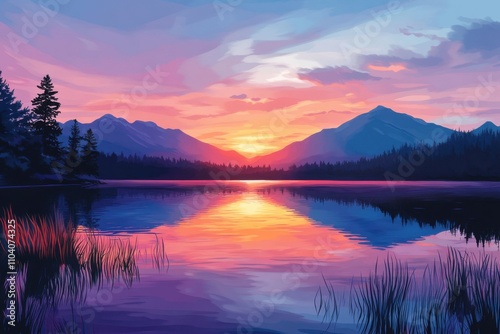 A serene sunset over a tranquil lake, reflecting hues of pink, purple, and orange, surrounded by majestic mountains.