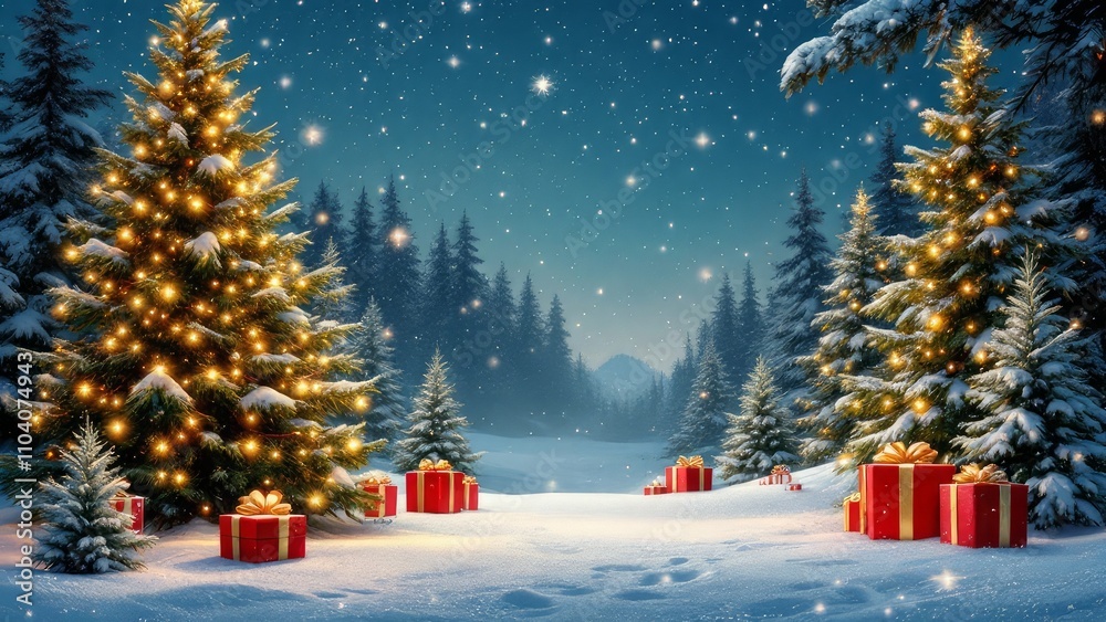 Obraz premium Beautiful merry christmas background Realistic design with with gift boxes, christmas tree in the snow, christmas tree in the night and happy new year background