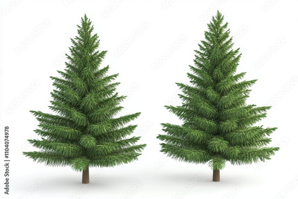 Two lush green evergreen trees with dense foliage on white background. Two lush green evergreen trees with dense foliage on white background.