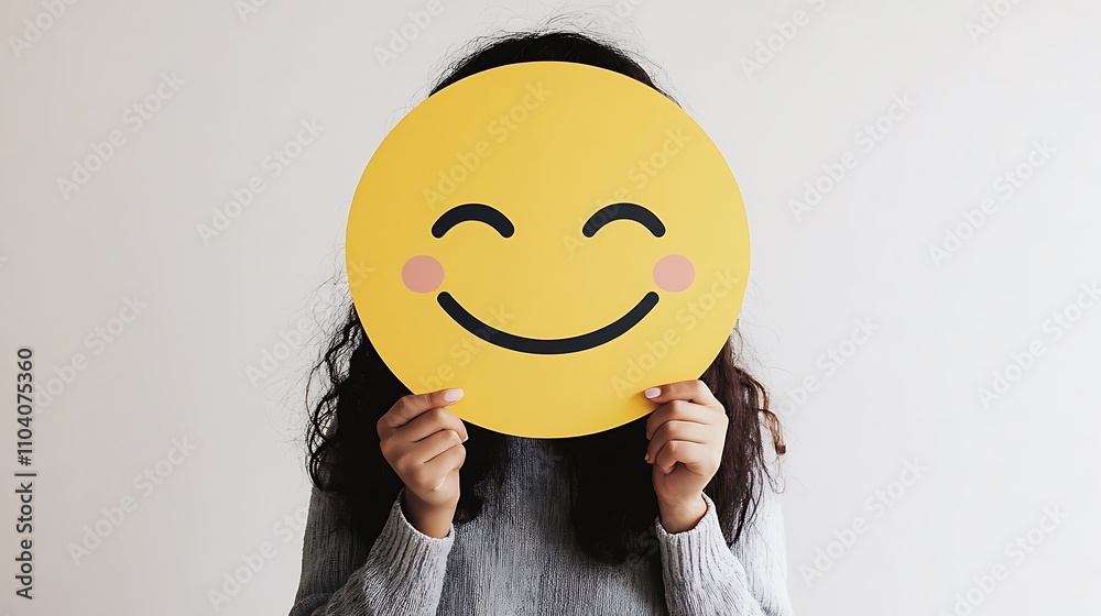A girl is holding up a large yellow smiley face card. A girl is holding up a large yellow smiley face card.