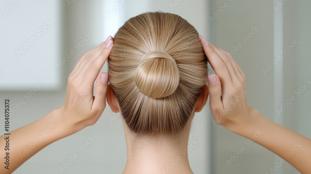 Fototapeta premium Close-up portrait showcasing a beautiful woman's bun hairstyle against a soft neutral background in an artistic studio setting