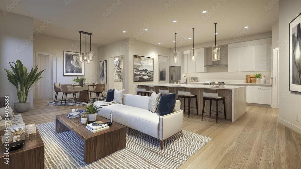 Fototapeta premium Modern living room and kitchen design with stylish furnishings and decor.