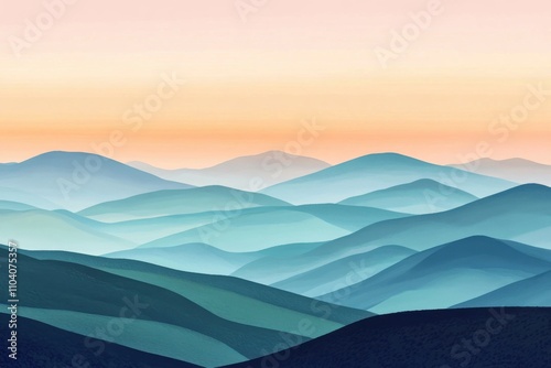 Serene layered mountains in cool hues at sunset, creating a tranquil and dreamy landscape.