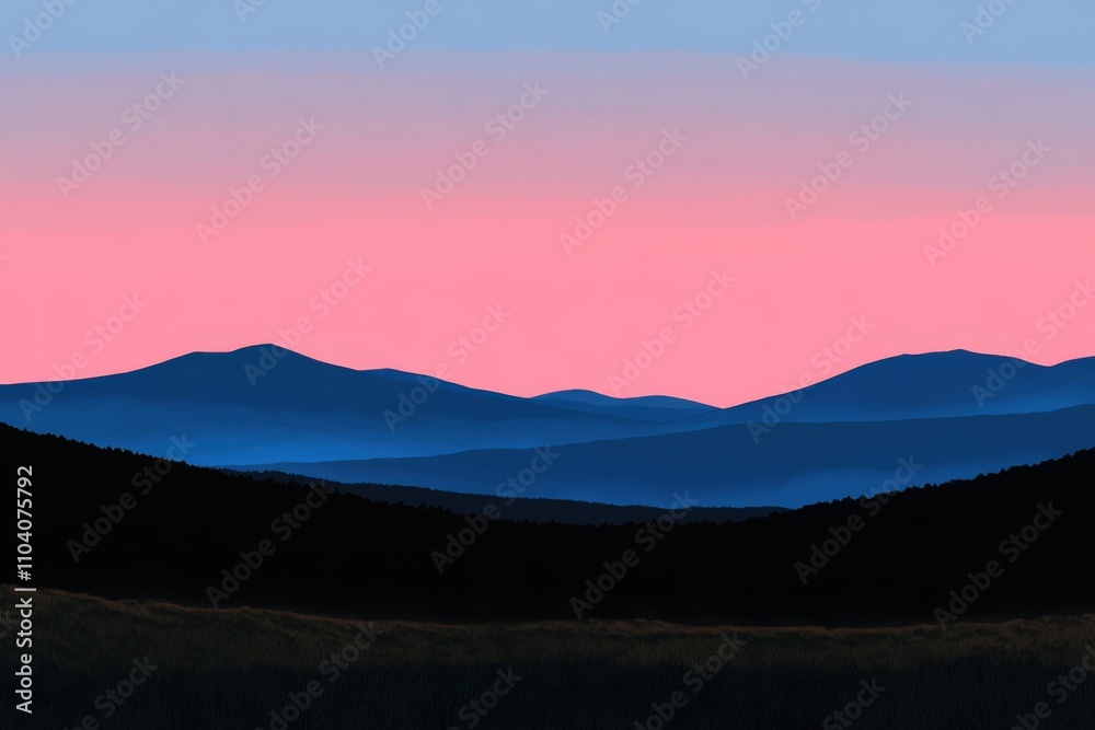 Serene twilight in the mountains, showcasing layered silhouettes against a pastel pink sky.
