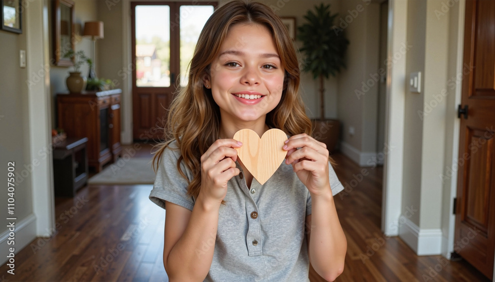 Smiling Child Holding a Wooden Heart Symbol indoors Smiling Child Holding a Wooden Heart Symbol indoors