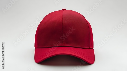 A blank red baseball cap on white surface.