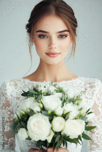 A stunning bride clad in a lace wedding dress, holding a bouquet of pristine white roses, striking a pose with grace and elegance in soft lighting. photo