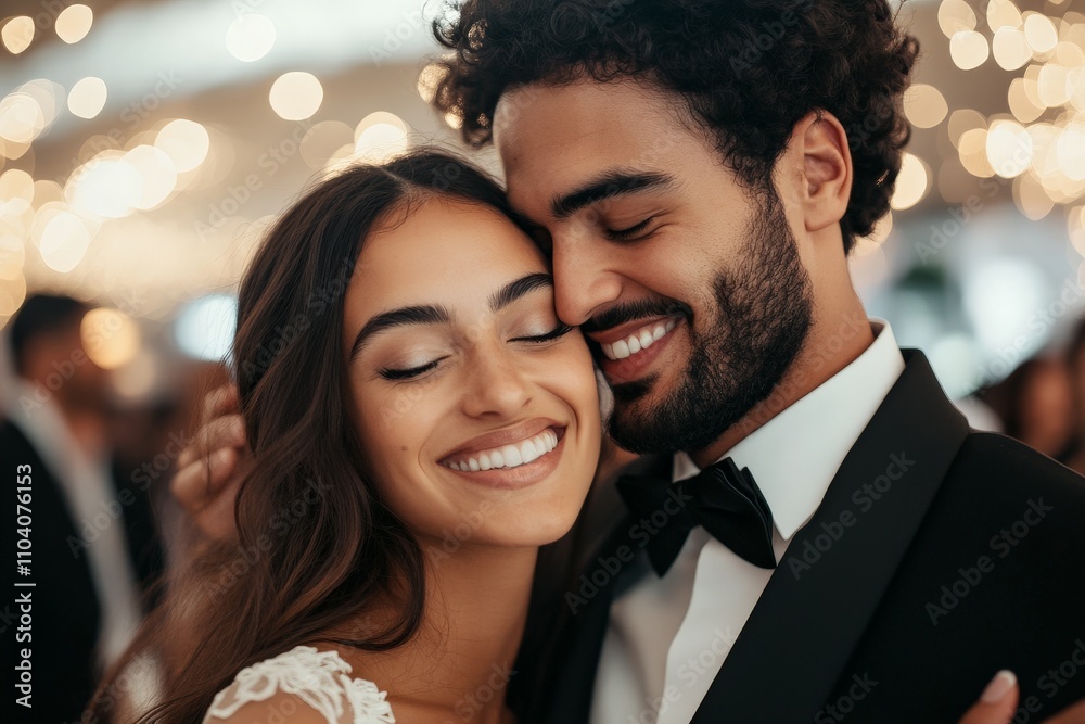 A joyful couple gleefully embraces while attending a celebratory event, surrounded by warm lights that enhance the atmosphere of love and joy. A joyful couple gleefully embraces while attending a celebratory event, surrounded by warm lights that enhance the atmosphere of love and joy.