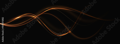 Gold curved light line, rope, spiral, tape. Smooth festive gold line png with light effects. Light golden Twirl png. Curve light effect of golden line.	
 photo