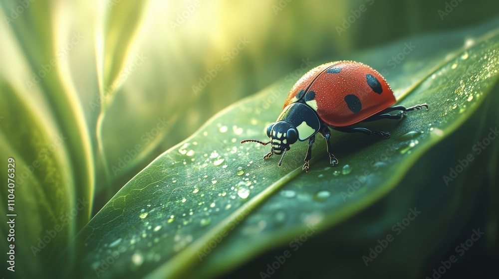 Close-up of a vibrant red ladybug on a dewy green leaf, basking in sunlight. Perfect for nature and insect-focused projects. Close-up of a vibrant red ladybug on a dewy green leaf, basking in sunlight. Perfect for nature and insect-focused projects.