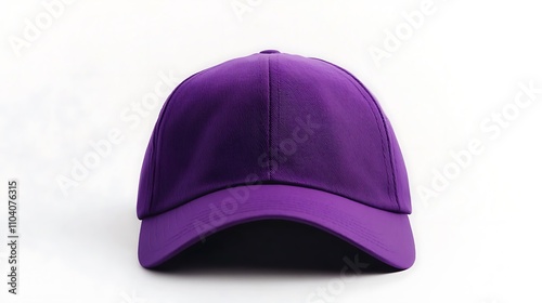 Front view of puurple baseball cap against a white surface. photo