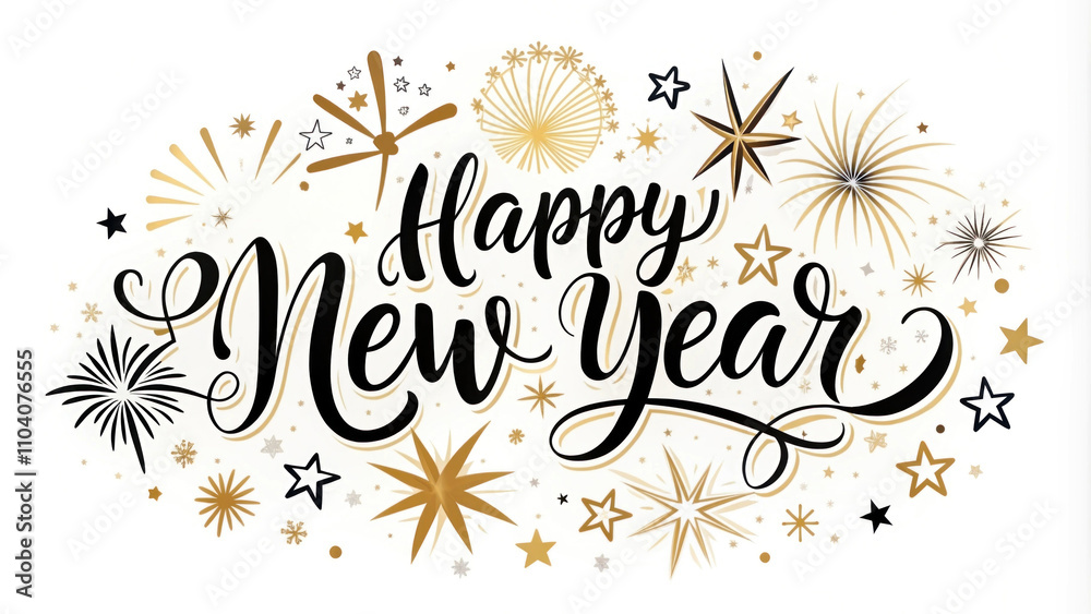 Festive and Cheerful Happy New Year Design with Golden Stars and Sparkles Perfect for Celebrations, Greeting Cards, and New Year Events Festive and Cheerful Happy New Year Design with Golden Stars and Sparkles Perfect for Celebrations, Greeting Cards, and New Year Events