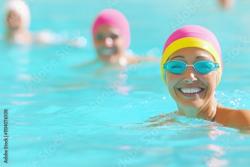 Joyful elderly women in pink caps enjoy swimming fun photo