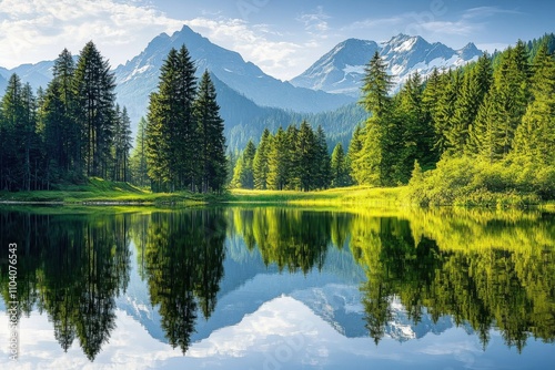 Breathtaking mountain landscape with pristine forest and serene lake reflecting the majestic peaks in clear blue skies.